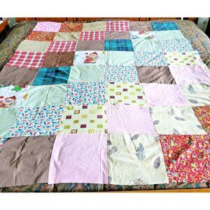 Patchwork Quilt Top 76" X 114" Unfinished Clowns Seahorses Flowers Plaid Vintage